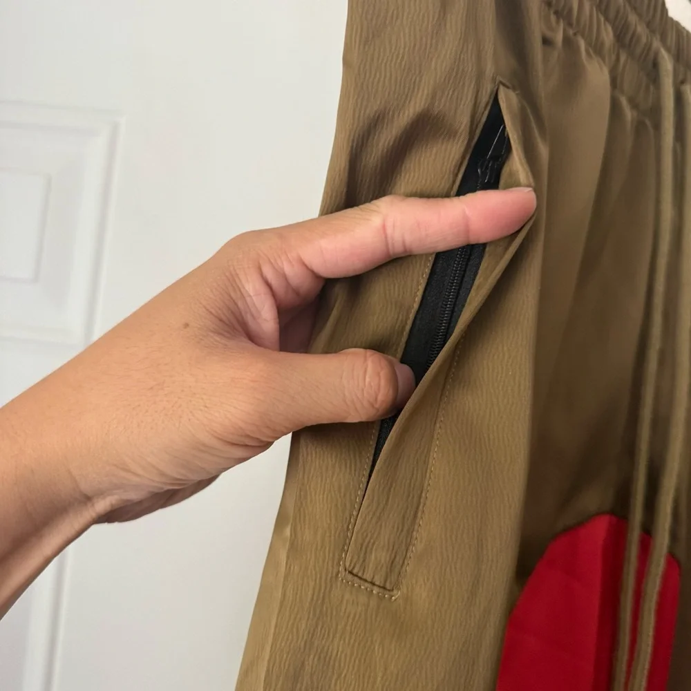 NICE BREED men’s brown red color blocked slim‎ tapered elastic waist satin pants